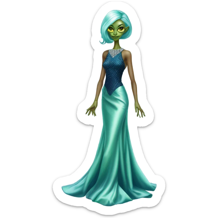 reptilian green alien woman, in long slim pastel blue formal party satin dress with gradient shiny sparkling navy blue diamonds embroidered, full body full figure sticker