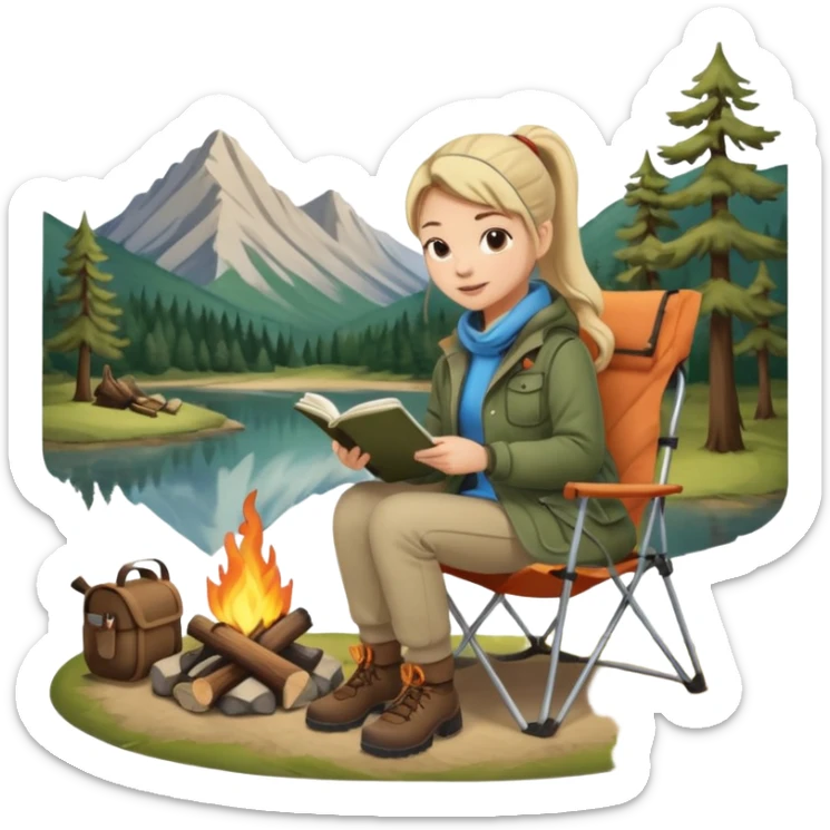 A pony tail hair woman journaling on a camping chair, enjoying the quiet nature scene beside a campfire sticker