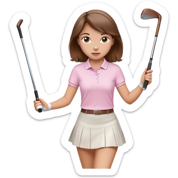 A brown haired girl with a light pink polo and a white skirt swinging a golf club sticker