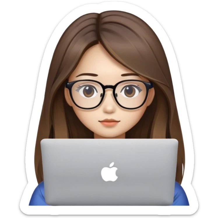 brown balayage straight long Hair korean girl with MacBook with glasses sticker