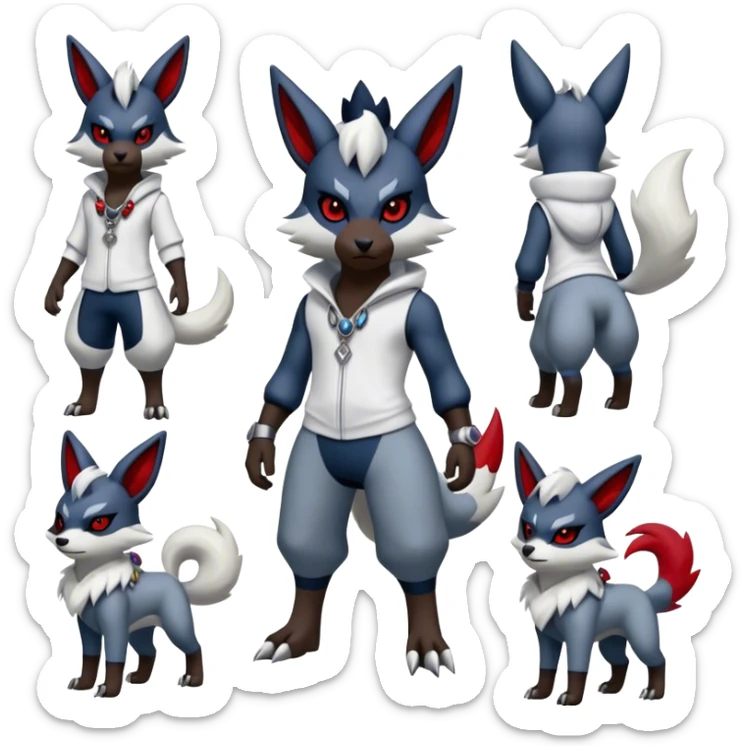 Edgy cool Absol-Zorua-Zangoose-Houndour-Poochyena-creature-hybrid full body, wearing accessories and apparels sticker