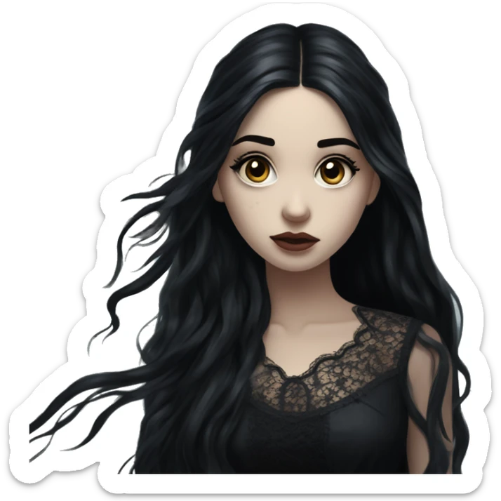 Dramatic girl  very pale with dark lighting  with black hair  in river with very very long lace dress  black long hair flying in the wind sad face  white eyes sticker