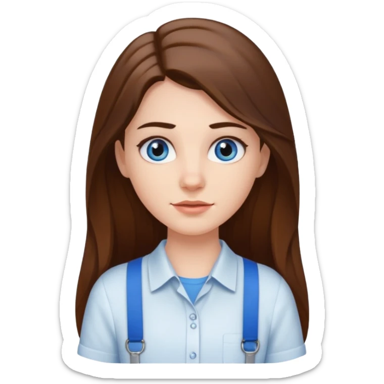 A pretty white girl with long brown hair dark eyebrows and braces and blue eyes wearing a white shirt sticker