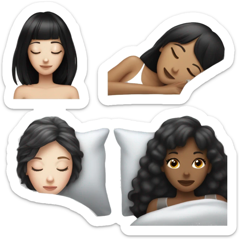 Woman pale skin black hair with bangs sleeping in bed, white woman sticker