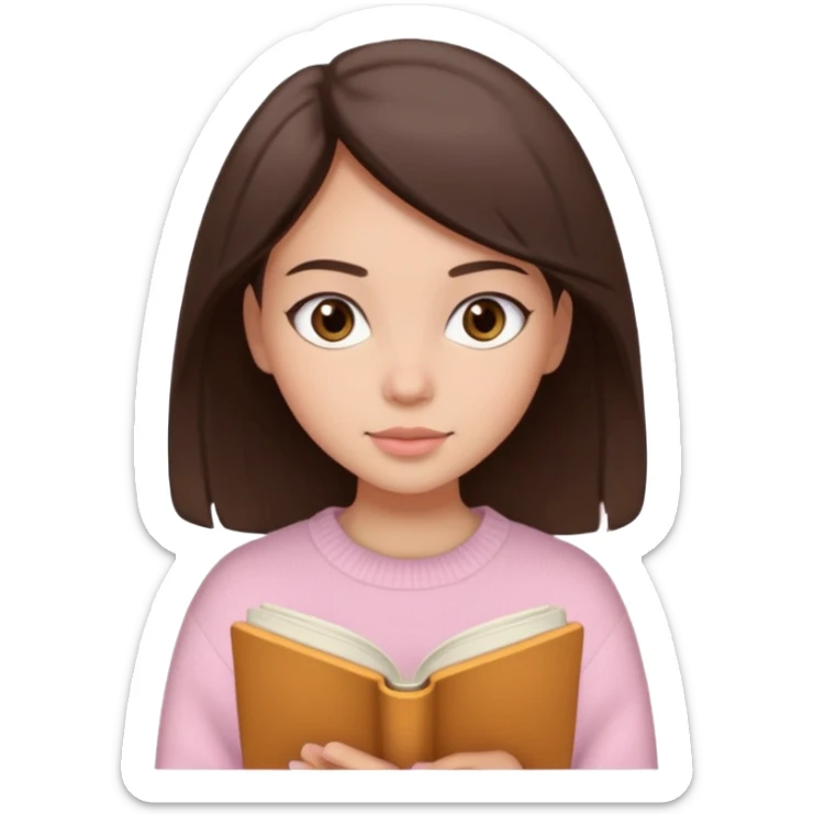 Pretty brown eyed brunette girl with light pink sweater reading cozy sticker