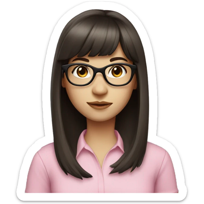 Girl with long dark brown hair and bangs and black glasses pale skin pink shirt sticker