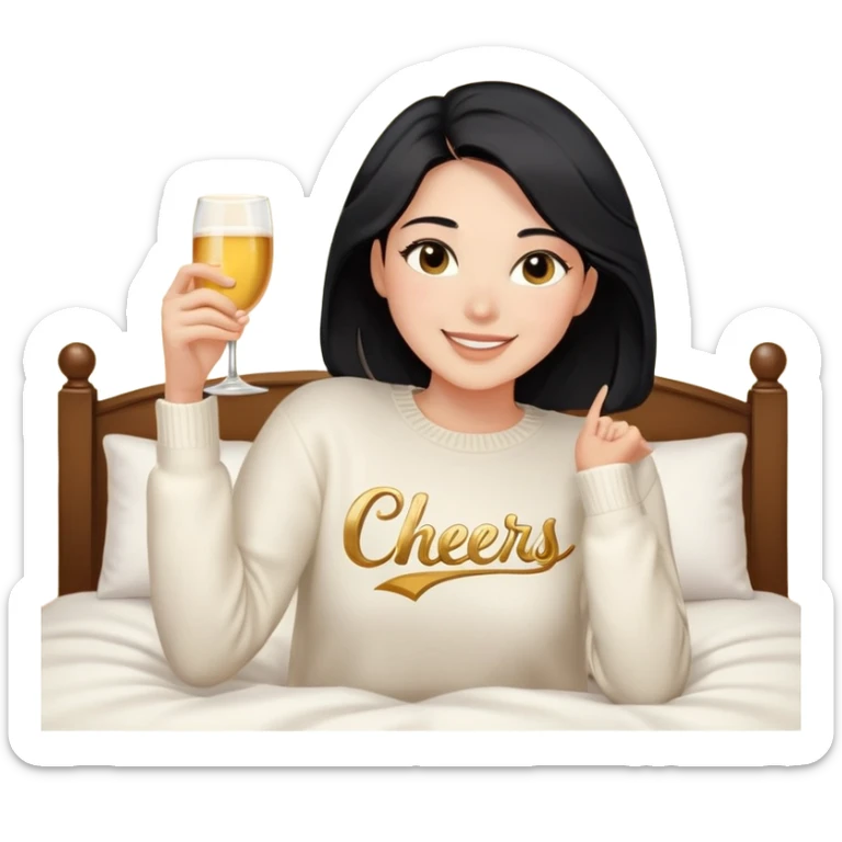A woman with shoulder-length black hair, light to medium skin tone, full cheeks, and almond-shaped eyes, wearing a white sweater with the word 'cheers' in gold script, lying comfortably on a bed with soft lighting, joyful and radiant expression, no drinks. sticker