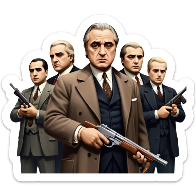 A vintage movie poster-style design featuring Don Vito Corleone surrounded by gangsters with Tommy guns. Include a dark, moody noir atmosphere with skyscrapers of New York in the background. The scene should be tense and mysterious, with a retro cinematic feel. Transparent background. sticker