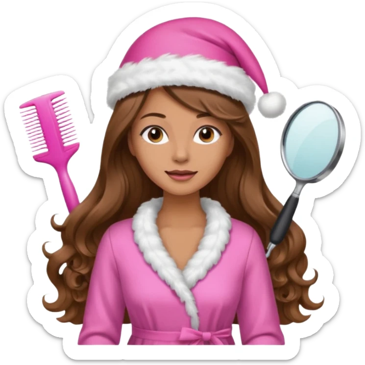 mujer peinandose en la peluqueria y con un gorro de navidad rosado, cabello largo café y ondulado sticker