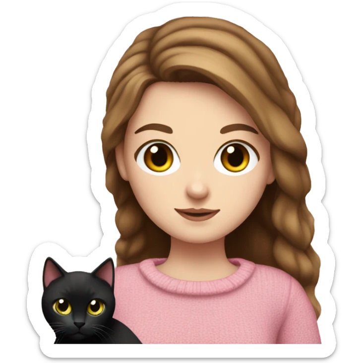 Pretty green eyed white girl with brown hair in a pink sweater holding a black cat sticker