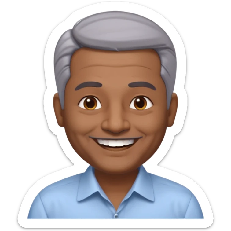 50 yr old indian man, dark skin, grey hair, big smile, white teeth, chubby, no moustache, clean shaven, young style hair, hair brushed back, 5 oclock shadow, bindy on forehead, dress shirt, bindy sticker