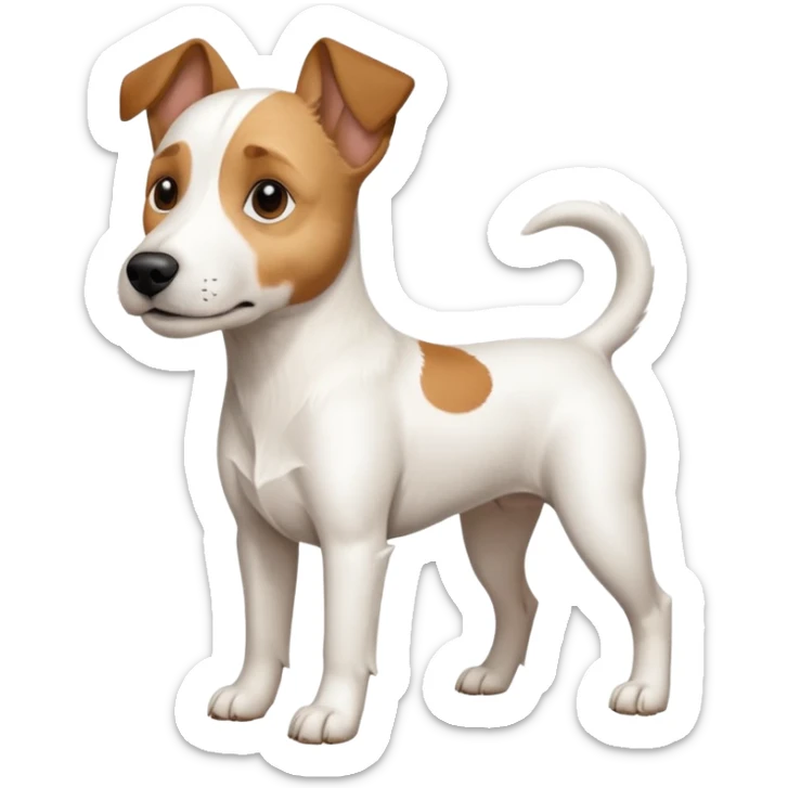 a full body large white parson russell terrier looking dog the size of a kelpie with light brown big ears and a light brown patch on one eye and a large snout sticker