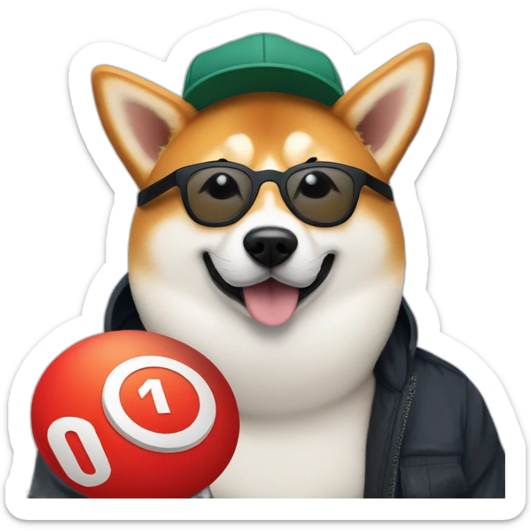 shiba inu dog resting on a man's lap. white man is wearing a black baseball cap with a red circular logo on it, has 5 o'clock shadow, and wearing clear acetate glasses sticker