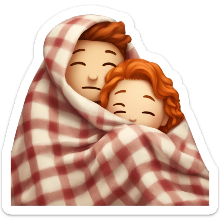 Boy with a moustache hugs a girl with red hair , under a blanket sticker
