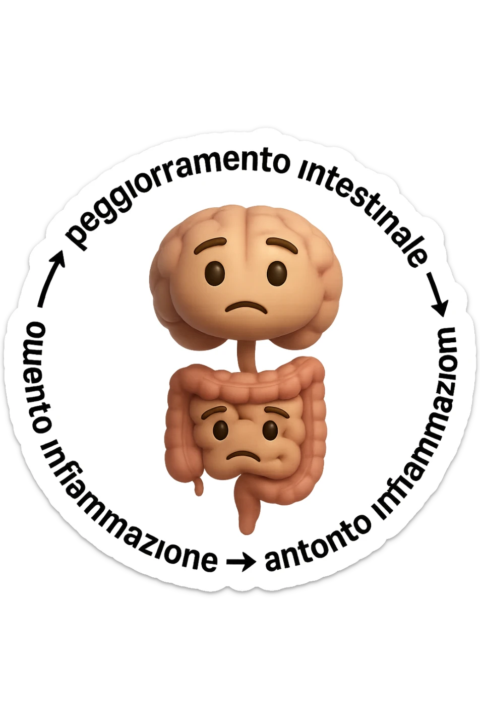 EMOJI STILE IPHONE 3D DI un cerchio con queste scritte che girano intorno "stress → peggioramento intestinale → aumento infiammazione → peggioramento sintomi intestinali e sistemici." al centro del cerchio metti un cervello e intestino umani collegati verticalmente con espressione dubbiosa in volto, FALLO MOLTO REALISTICO IN 3D sticker