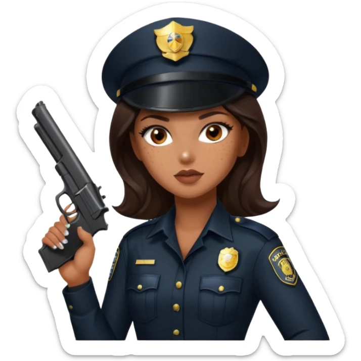 A sexy girl. with caramel skin. Dark brown hair and brown eyes. She has freckles. Wearing sexy makeup. Dressed as a sexy cop. Wearing heels. Holding a gun sticker