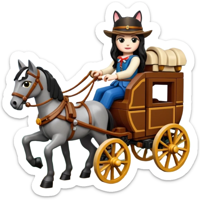  Rustic Lego antique wood detailed 1854 pretty dark-haired Catgirl driving a huge horse-drawn stagecoach Caravan on a bumpy scary trail in the woods  sticker