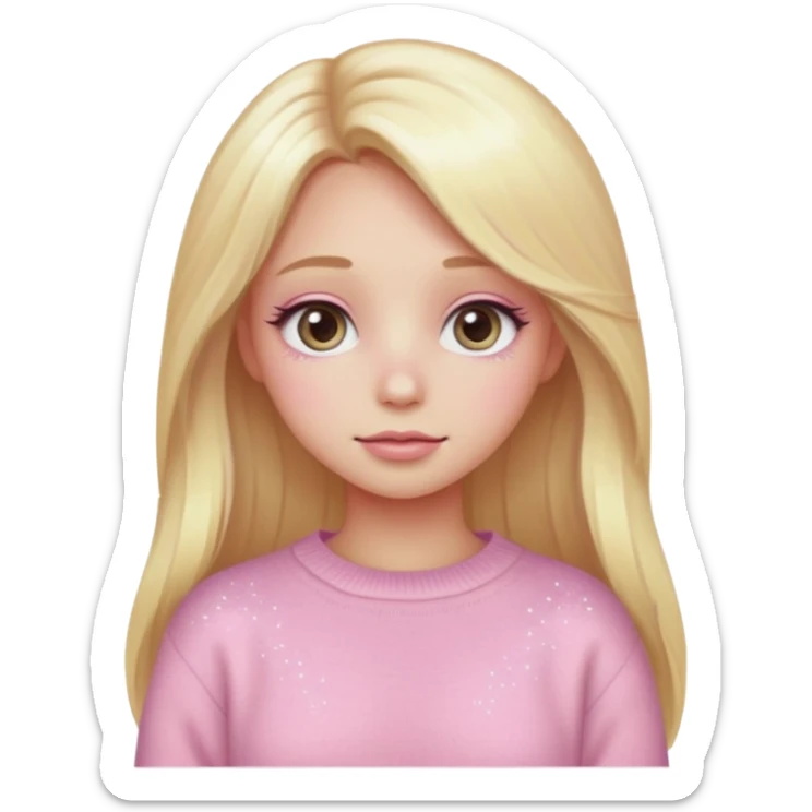 “Emoji girl, pastel pink blush, sparkly wide eyes,  oversized pastel sweater long blonde hair.” sticker