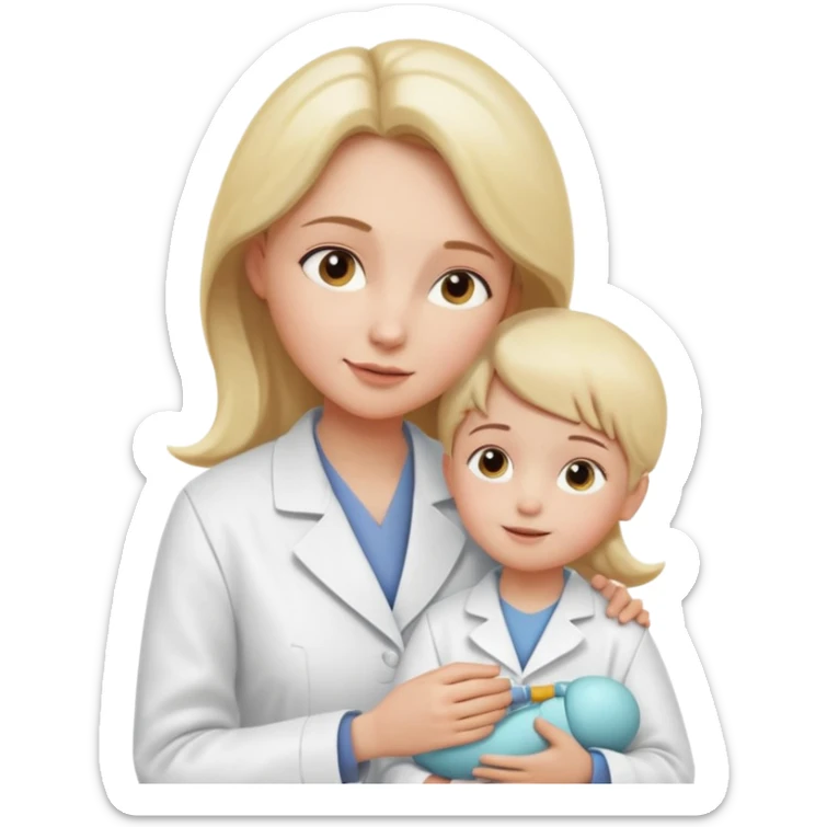 Mostre uma mulher vestida de jaleco branco, atendendo uma criança, expressão leve e detalhamento suave típico de emojis modernos. A cena deve ter um visual limpo, com sombras sutis e contornos suaves, mantendo o estilo cartoon 3D usado em emojis do iOS. Mantendo coerência com o estilo emoji.” sticker