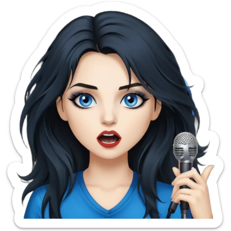 
 rockstar girl with long black disheveled hair, blue eyes, Smokey eyes grunge makeup, singing  sticker