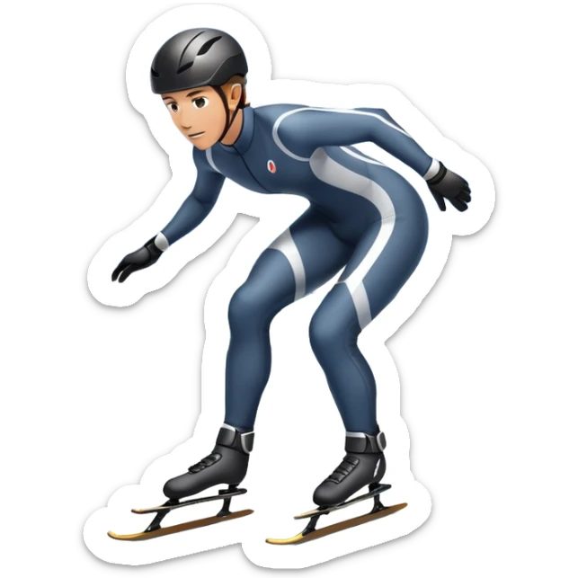 An icon showing a grand arena, snow-covered mountains in the distance, and a crisp blue sky. professional speed skater leaning into a turn on a polished ice track, dressed in a sleek suit and helmet. Transparent background highlights speed and precision. sticker