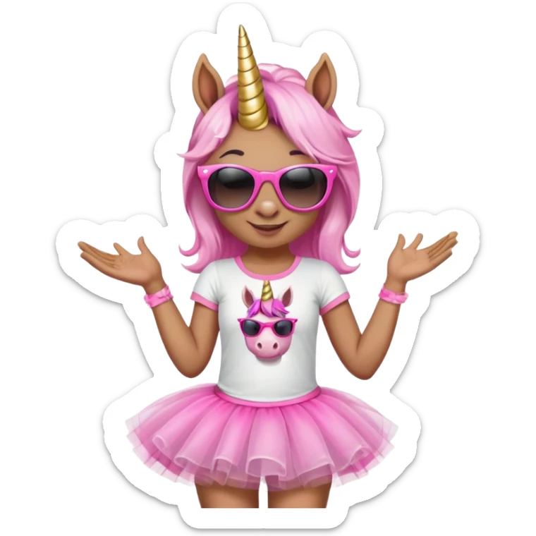 friendly anthropomorphised female unicorn with horse-like face, in tutu and pink t-shirt, wearing dark sunglasses, standard pose, close-crop head and shoulders sticker