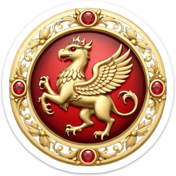 Golden griffin crest / brosch in a circle with red gems sticker
