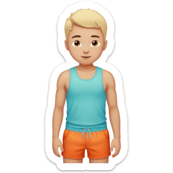Emoji-style person in beach shorts with sunburned shoulders and chest, tank top outline, cute rounded features, soft shading, vibrant colors sticker