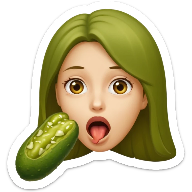 A girl opening her mouth insanely wide with a pickle going down her throat  sticker