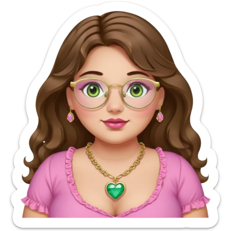 Girl long wavy brown hair with middle part. green gold eyes, plus size, pink frilly top,  gold nose ring, small pink heart crystal necklace. Gold rimmed glasses sticker