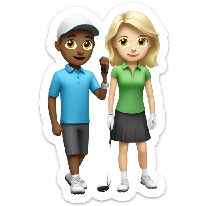 Blonde little boy and brunette little girl golfing with blonde golf coach sticker