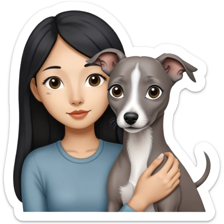Slim Chinese girl with long black hair holding solid grey Italian greyhound with no white markings on nose sticker