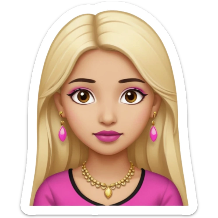 Sweet Indian girl blond long hair darkbrowm eyes brown/pink lipstick pink blush black top gold earrings brown eyebrows  sticker