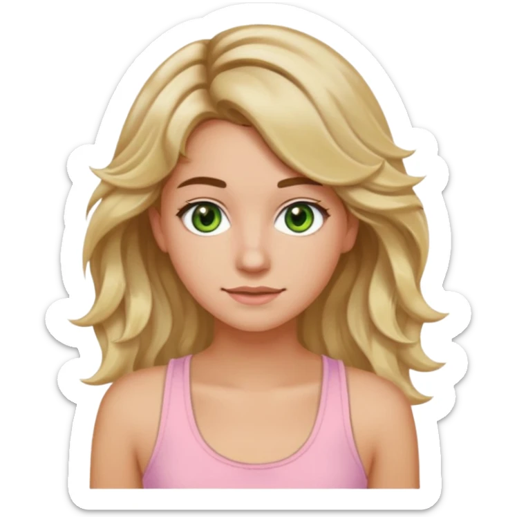 ca you make her hair a 20-year-old girl with long wavy hair brown roots blonde highlights green eyes brown eyebrows good summer tan iPhone emoji style with light pink tank top can you make her hair a little longer please sticker