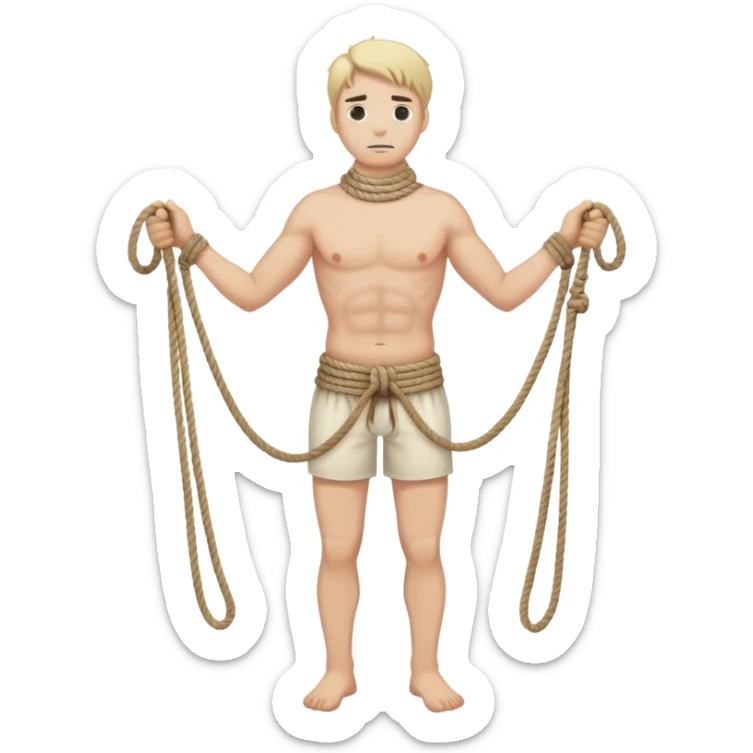 A man with a rope tied by his neck hanging, dead eyes, full body hanging, no other ropes around him sticker