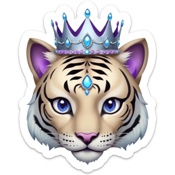ESO Female white/black tiger khajiit leader of the umbral rose, glowing blue eyes, glowing blue 'third eye' gem, silver crown/tiara with purple gems sticker