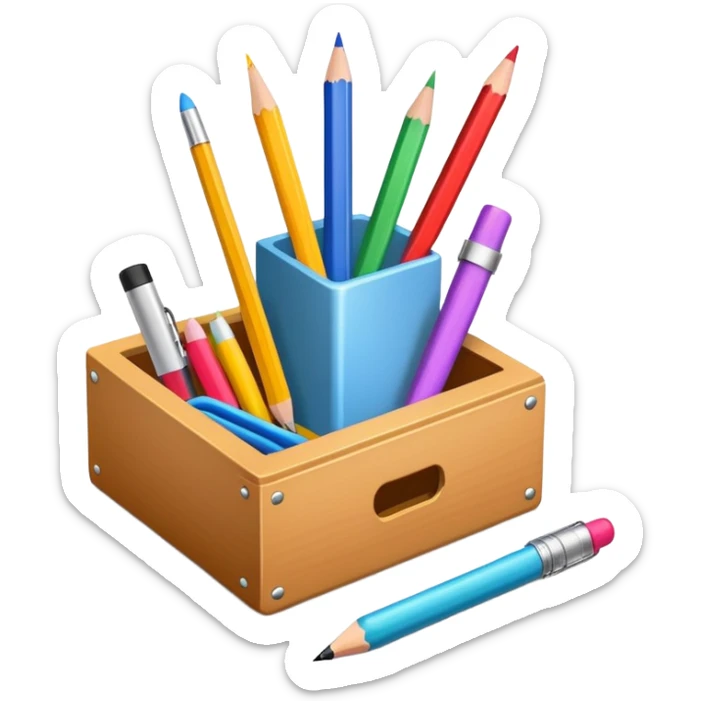 small box of teaching supplies with a pencil, ruler, and markers sticking out sticker