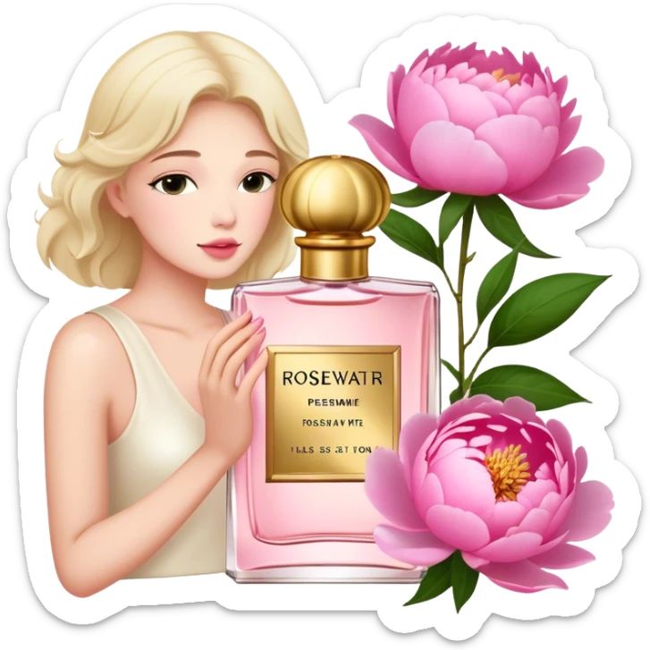 A delicate glass bottle of rosewater perfume with gold details beside lush pink peonies. Soft light enhances the romance, while a dark red velvet backdrop adds vintage glamour."
 sticker