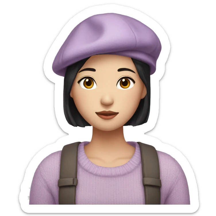 korean girl short black hair sharp jawline, attractive wearing a lilac sweater and beret sticker