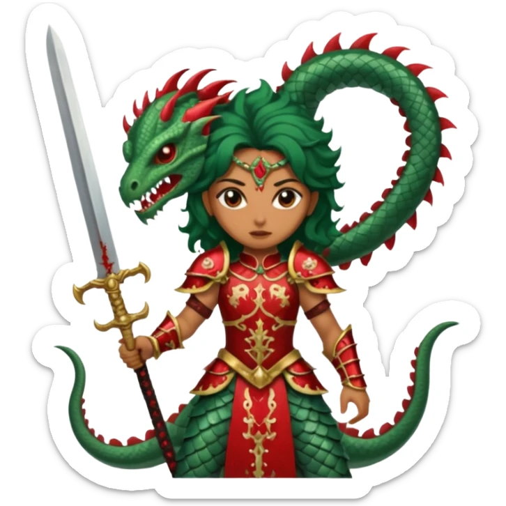 Fierce Latina in armor with a sword after a battle cutting off the head of a hydra sticker