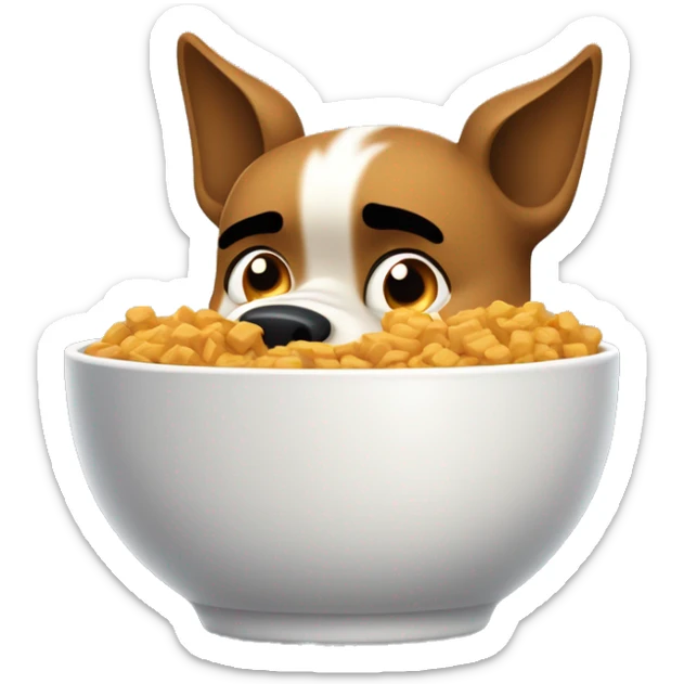 An angry dog with furrowed brows, aggressively eating from a bowl of food. Its ears are perked up in frustration, and it’s baring its teeth slightly while chomping down. The food bowl is tipped slightly as the dog devours the food with visible intensity. sticker