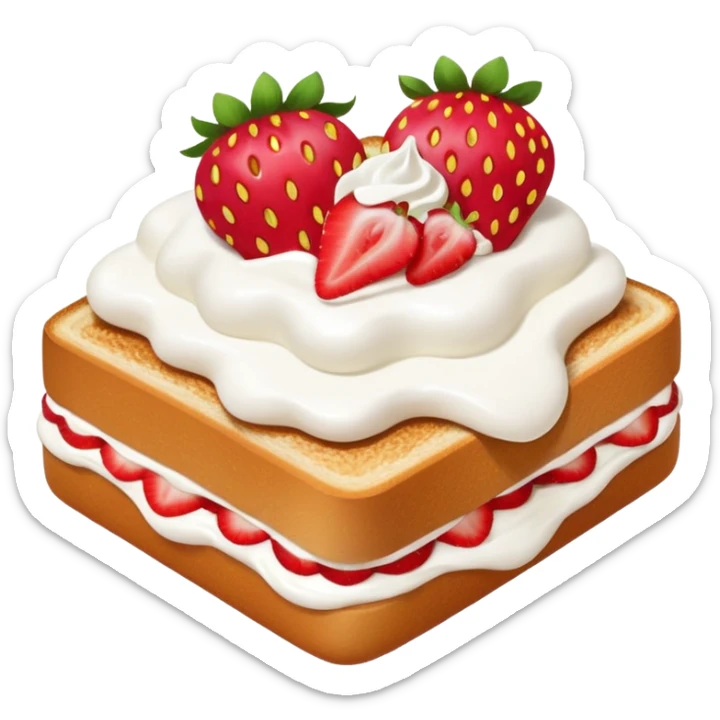 square toast topped with fluffy white cream, decorated with a strawberry bow made from two strawberry center, bright red and glossy sticker