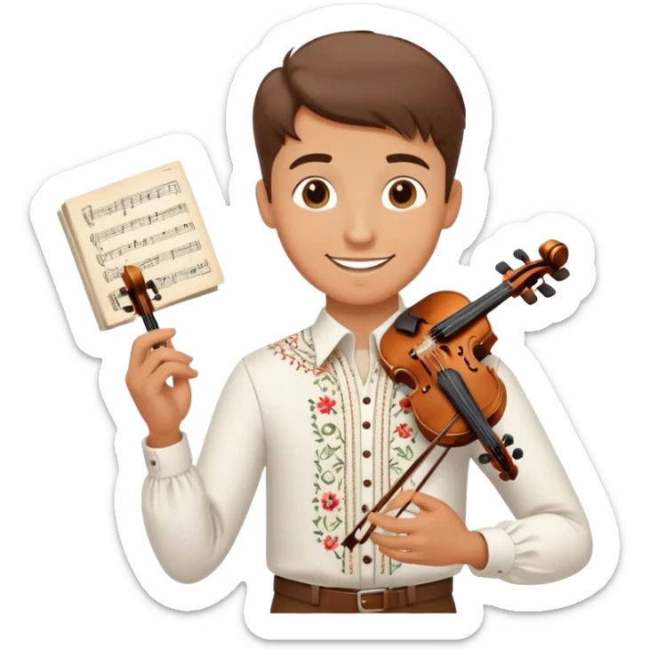 a happy guy in a white Ukrainian embroidered shirt, holding sheet music in one hand and a violin key in the other sticker