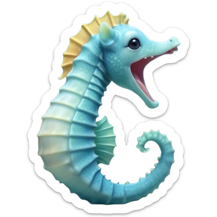 Cinematic Cute Yawning Sea Horse Portrait Emoji, Head tilted slightly with a dramatic, wide-open yawn, showcasing a slender, gracefully curved body with a softly drooping tail and sleepy, half-closed eyes, Simplified yet irresistibly adorable features, highly detailed, glowing with a soft, cozy aquatic glow, high shine, relaxed yet expressive, stylized with a dash of whimsical marine charm, soft glowing outline, capturing the essence of a drowsy yet affectionate sea horse that appears ready to stretch out for a nap! sticker