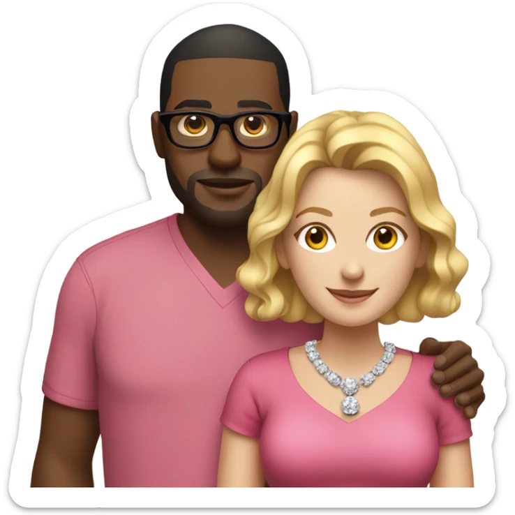 white woman wearing a pink dress and diamond necklace standing with a black guy with glasses wearing a red shirt sticker