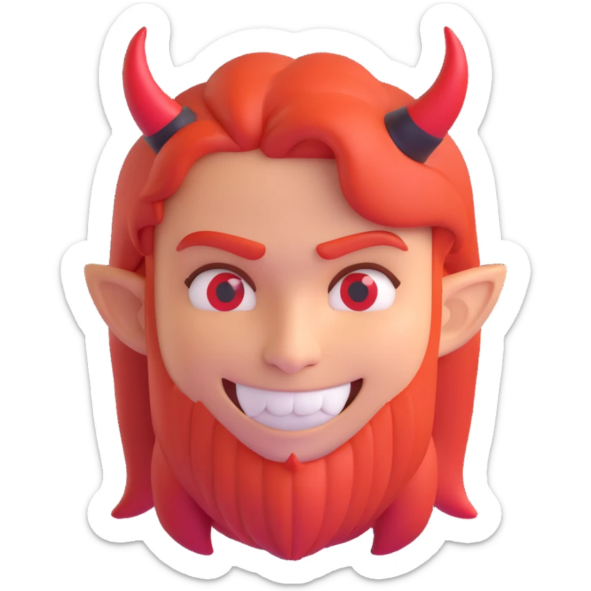 3D emoji of a red-haired character with a sinister smile, small black eyes, red devil horns sticker