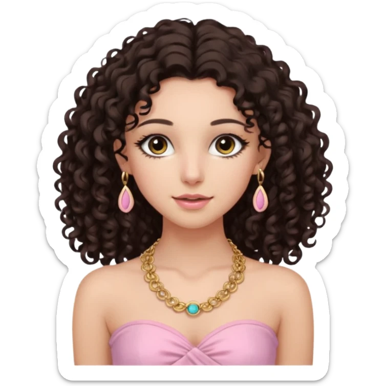 crée moi une jeune fille très belle avec les cheveux bouclés long et brune avec un top  sans manche ni brettelles juste un 'bandeau' de couleur rose clair avec un peu de maquillage et des beaux et long  cils avec un collier en or sticker