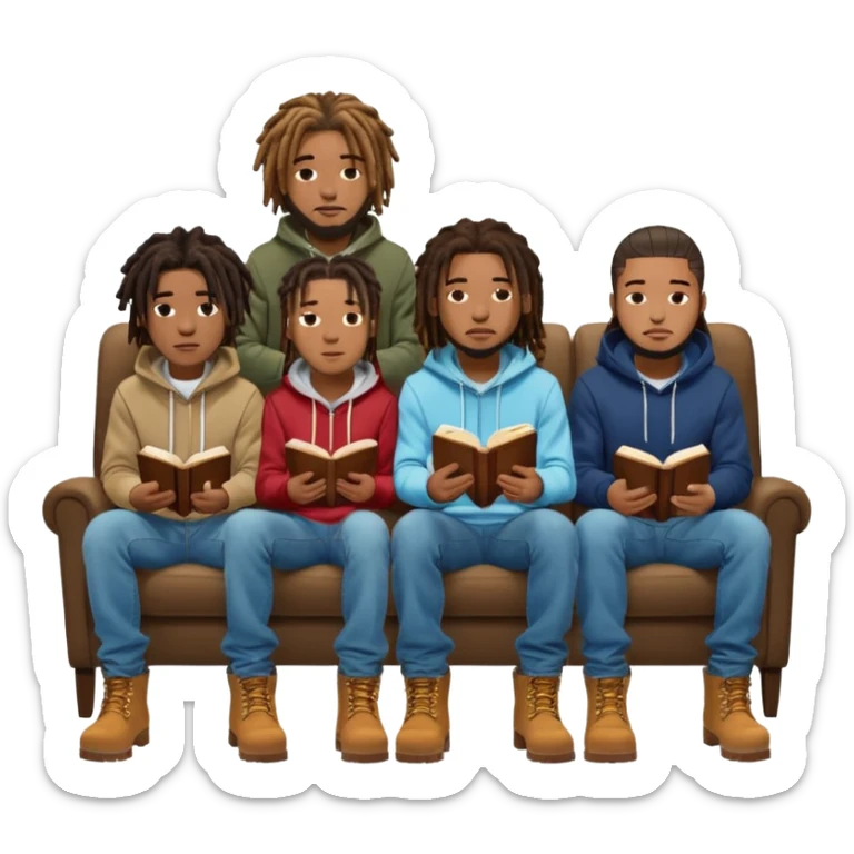 Room of African American men with dreadlocks wearing skinny jeans and timberland boots and Nike hoodies sitting in chairs reading the Bible sticker