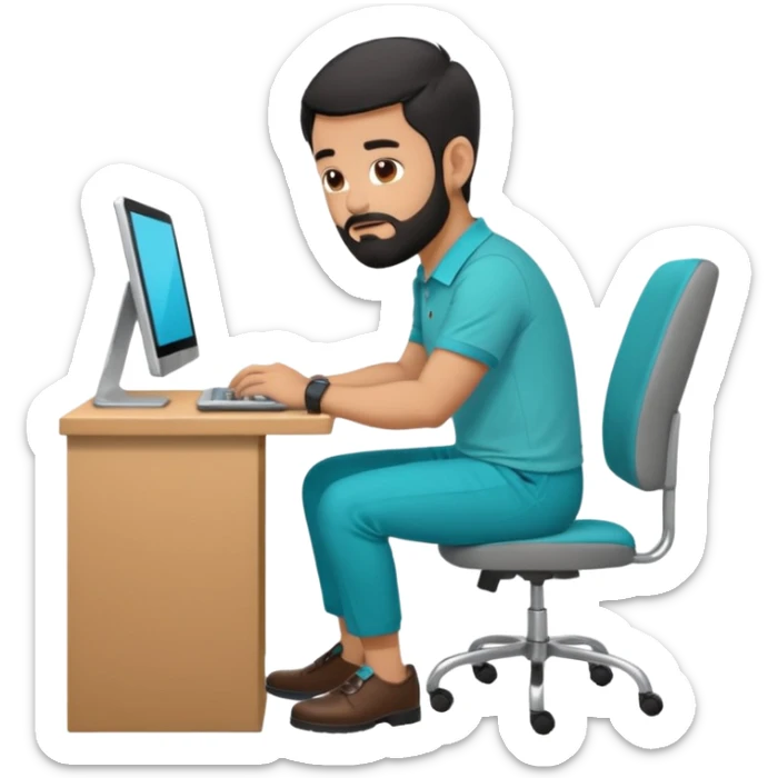 man with black short male hair and black hair and beard and hes in a office with his grey backpack on the floor and he has a tourquose polo shrit with gre dress pants and hes working at a hotel  hes on the co,ptuer  at his desk and he inly has one backpack its on the floo sticker