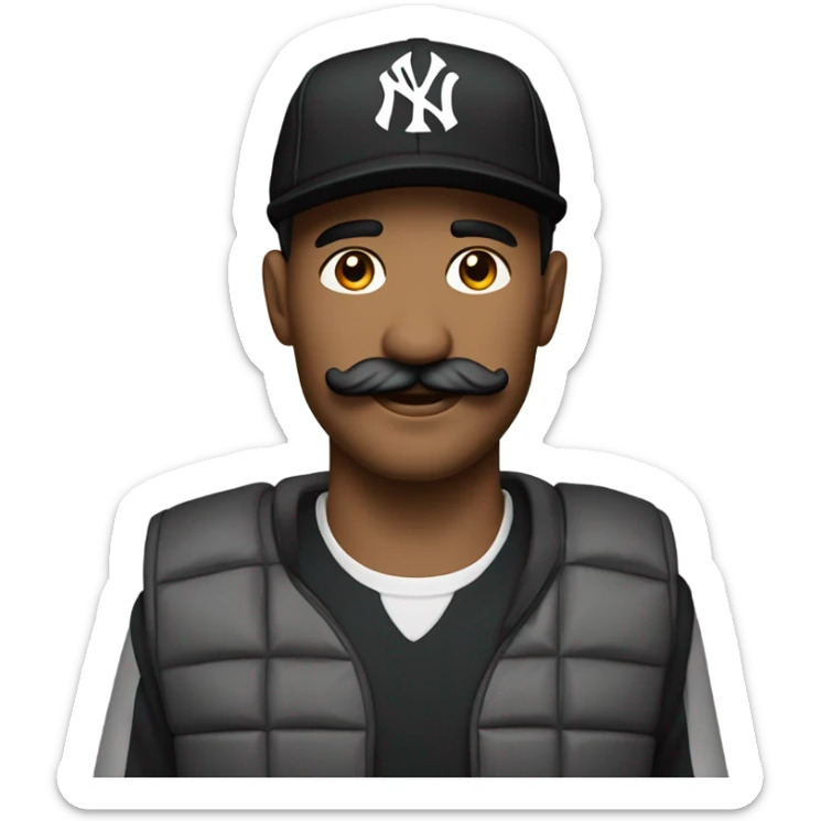 Homme, 30 ans, cheveux courts noir, moustache, casquette noir yankees noir, avec uns bière  sticker